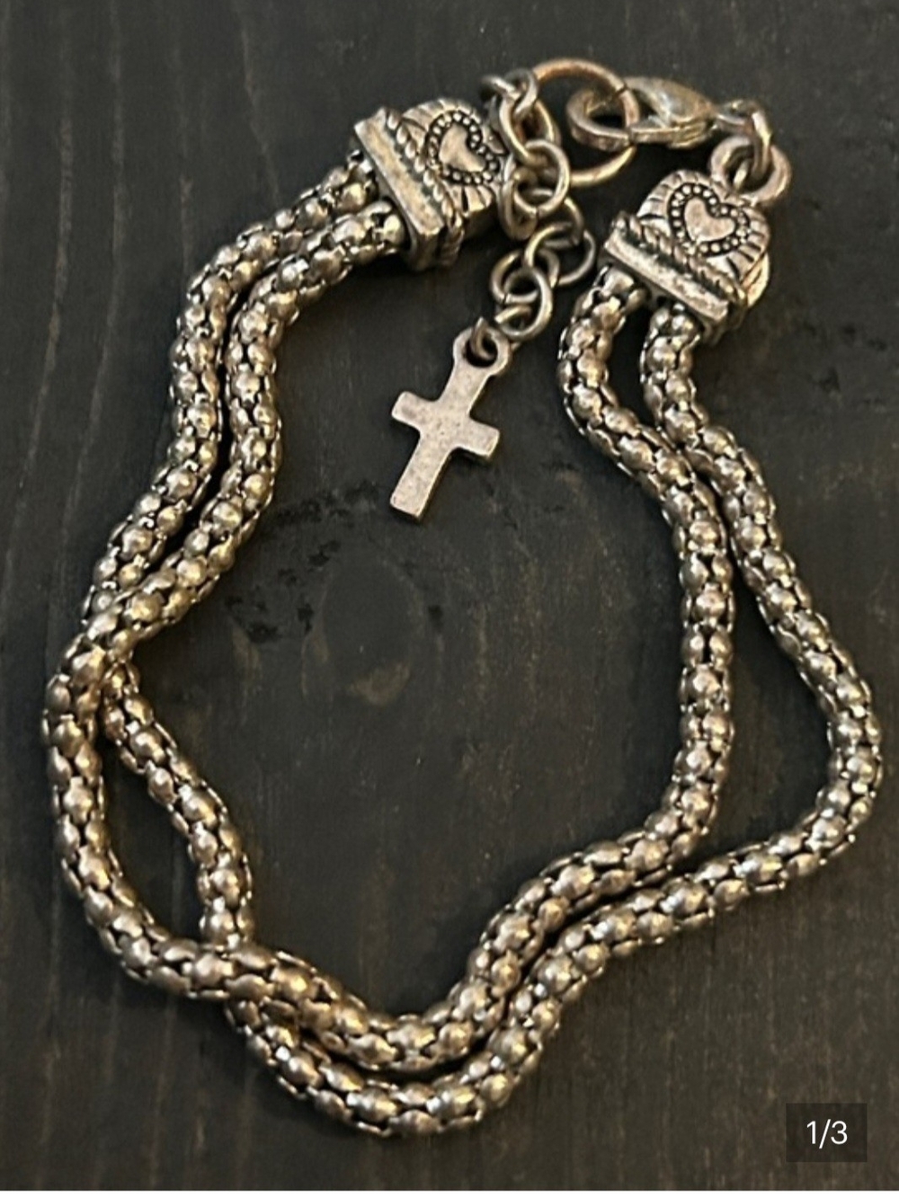 Silver-Tone Cross Charm Double Strand Bracelet